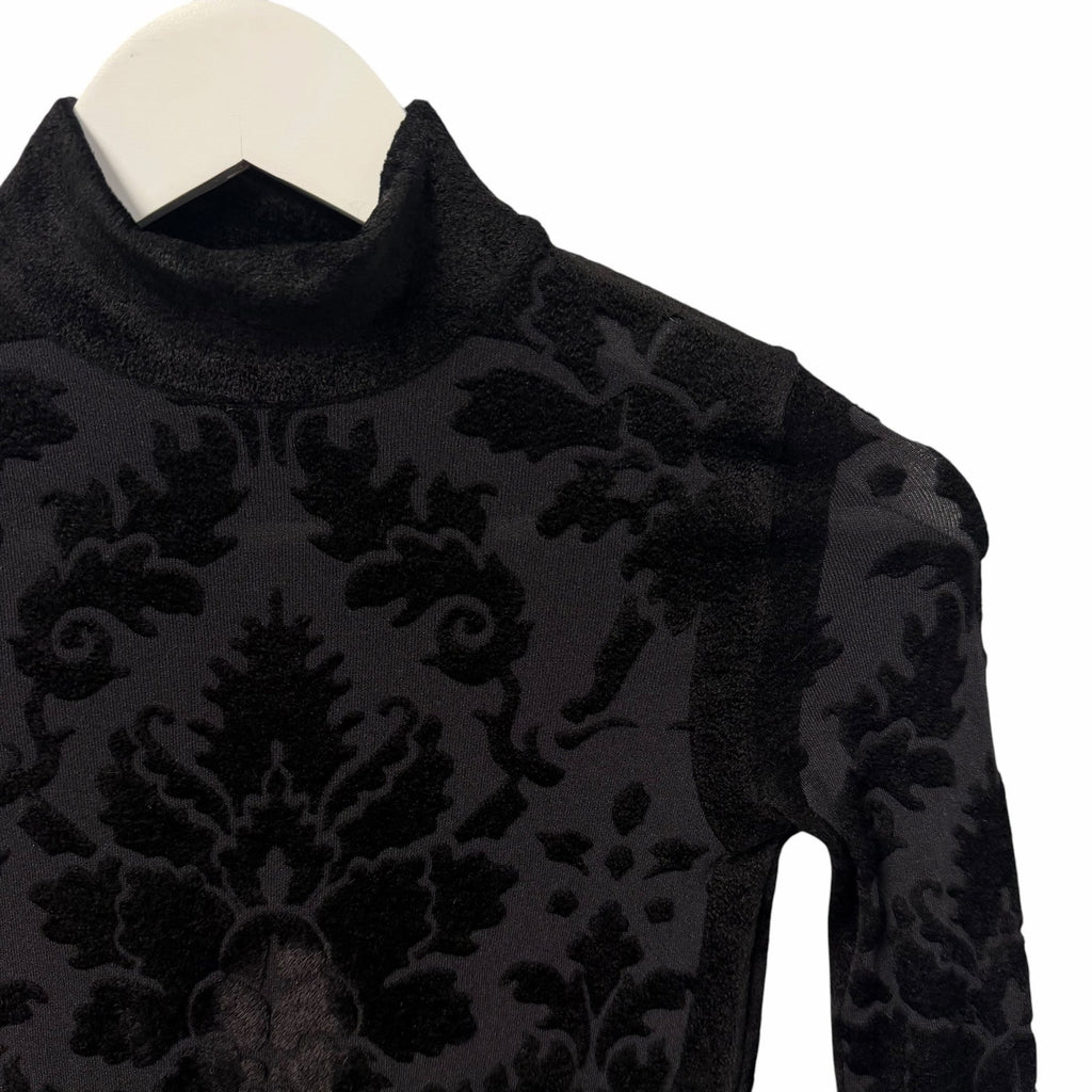Christian Dior Black Mesh Knit Velour Jacquard Long Sleeve Fitted Top Size Small