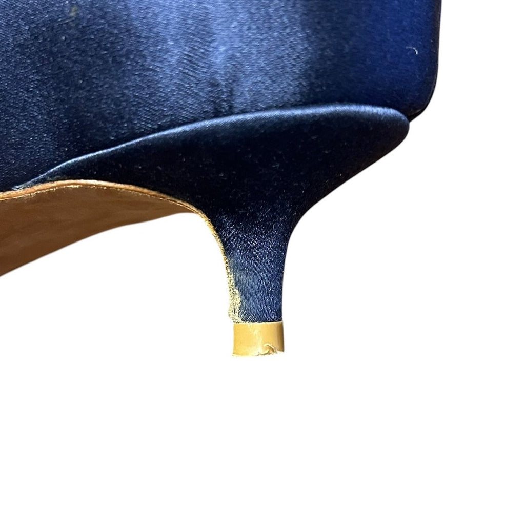 Something Bleu Navy Satin Bo Pointed Toe Floral Applique Kitten Heels Womens 6