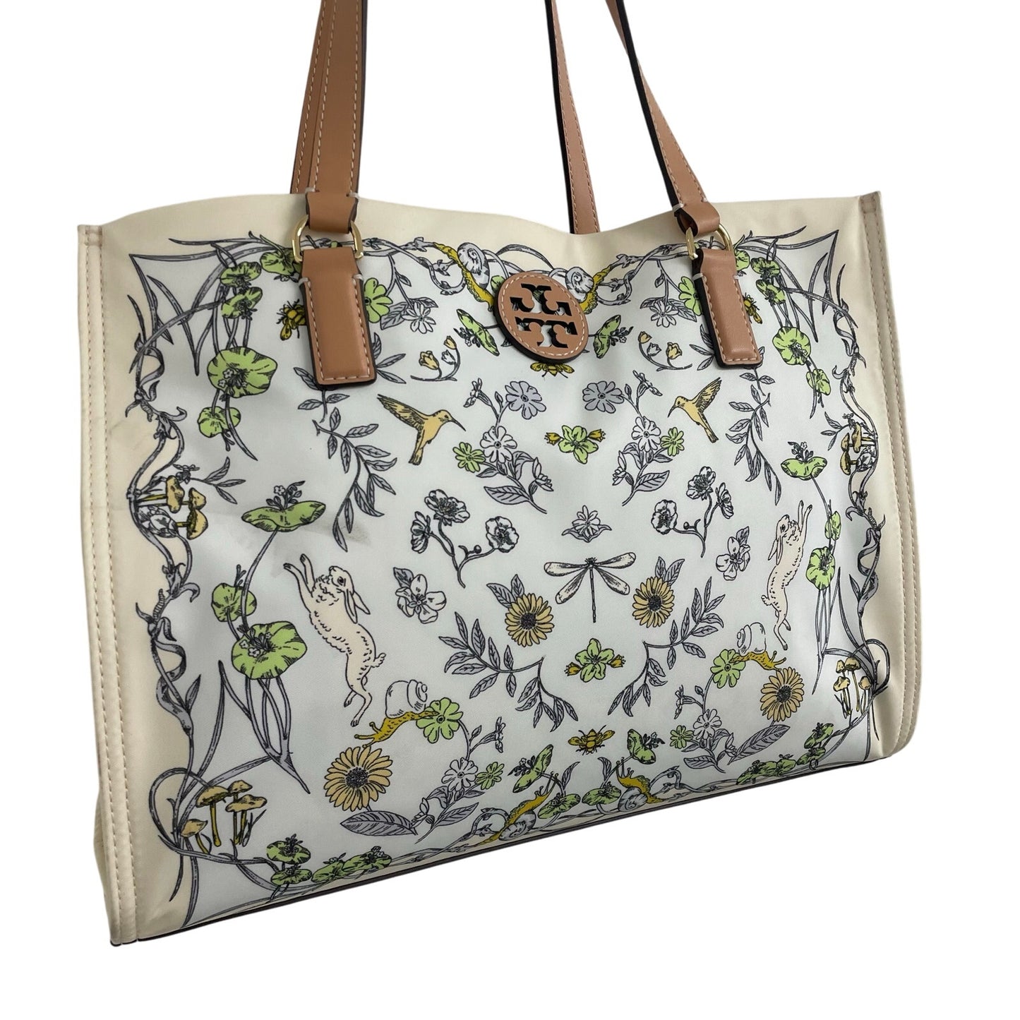 Tory Burch Nylon Ella Tote Bag Meadow Print Floral Rabbit Bird Nature Scene ASIS