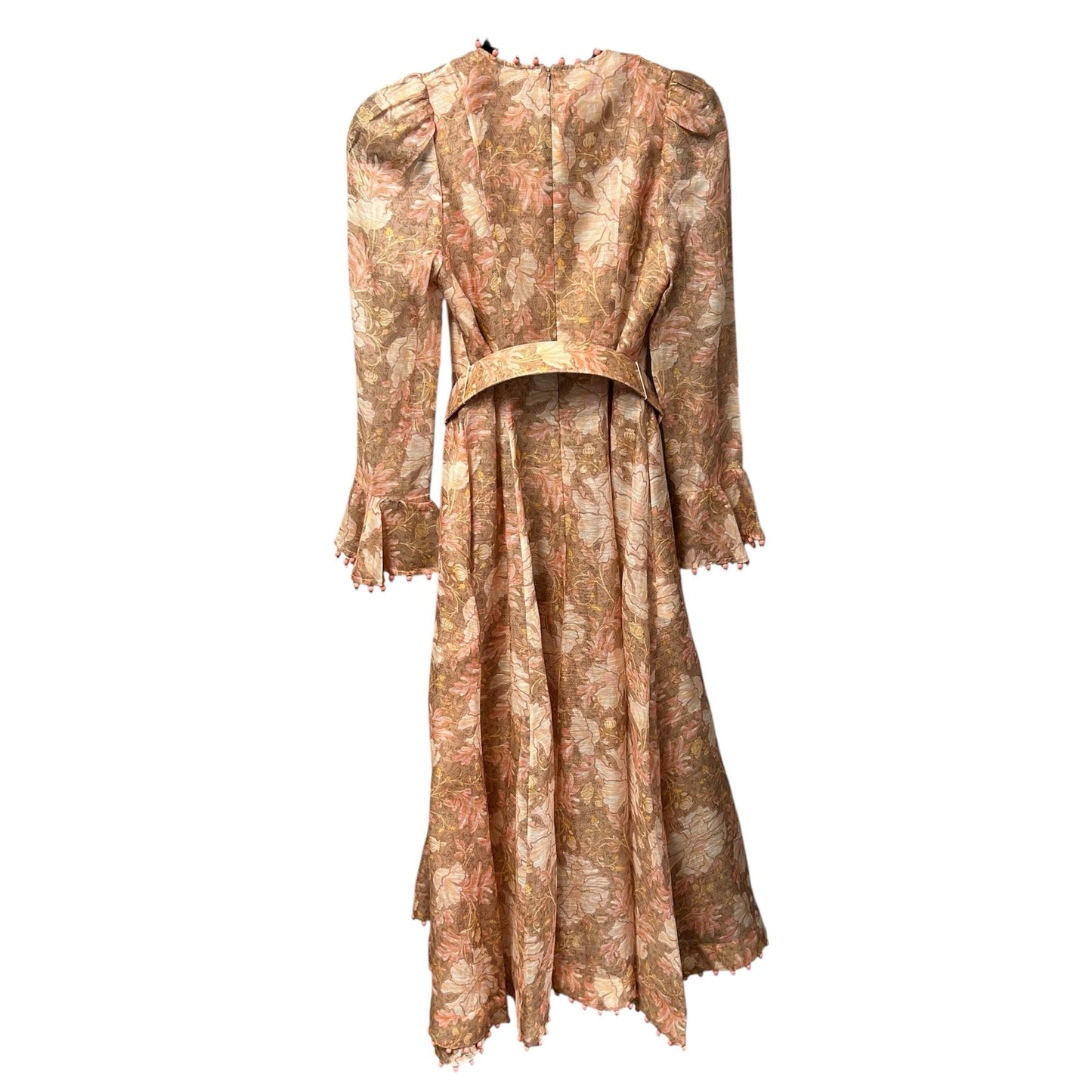 Zimmerman Floral Puffed-Sleeve Belted Midi Dress with Beaded Trim Womens 0 US 4