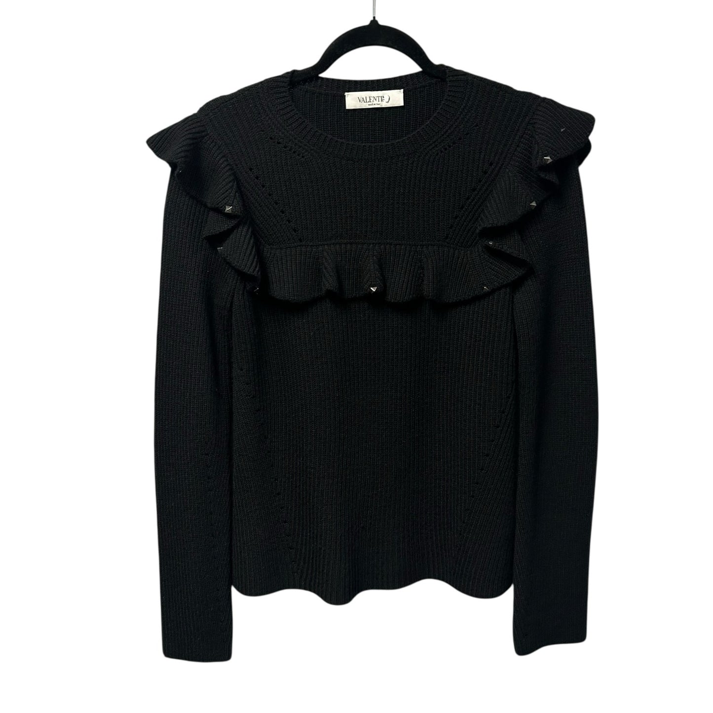 Valentino Black Rockstud Embellished Ruffle Pullover Wool Sweater Womens Medium