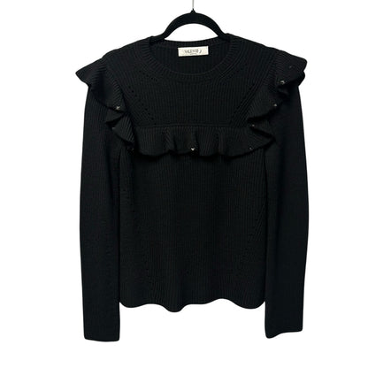 Valentino Black Rockstud Embellished Ruffle Pullover Wool Sweater Womens Medium