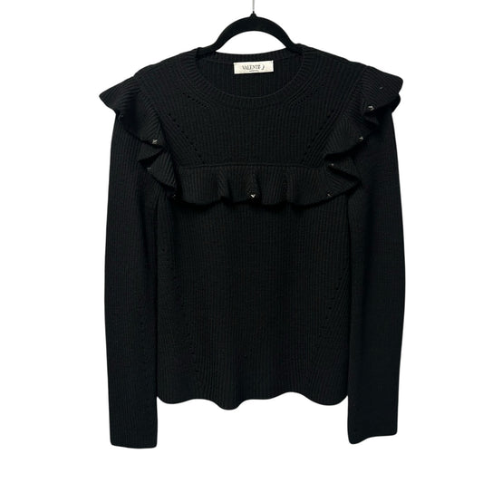 Valentino Black Rockstud Embellished Ruffle Pullover Wool Sweater Womens Medium