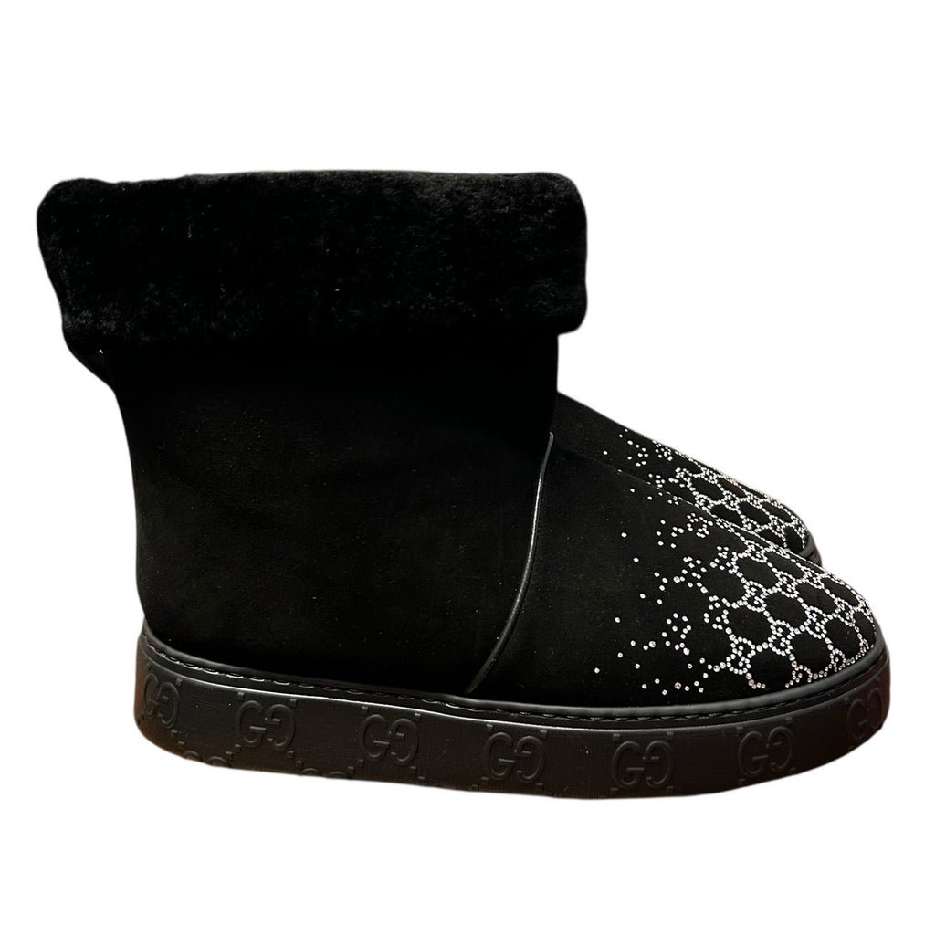 Gucci GG Crystal Motif Black Suede Boot with Merino Wool Lining Womens 39 / US 9