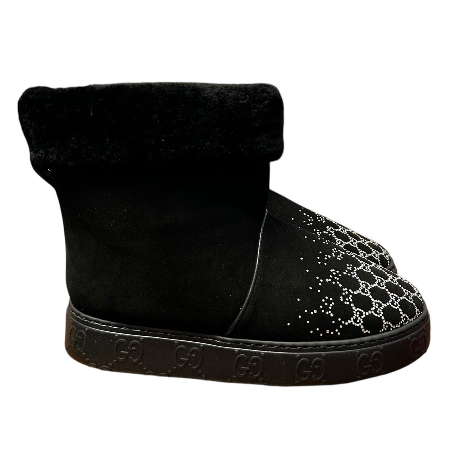 Gucci GG Crystal Motif Black Suede Short Boot Merino Wool Lined Size 39 / US 9