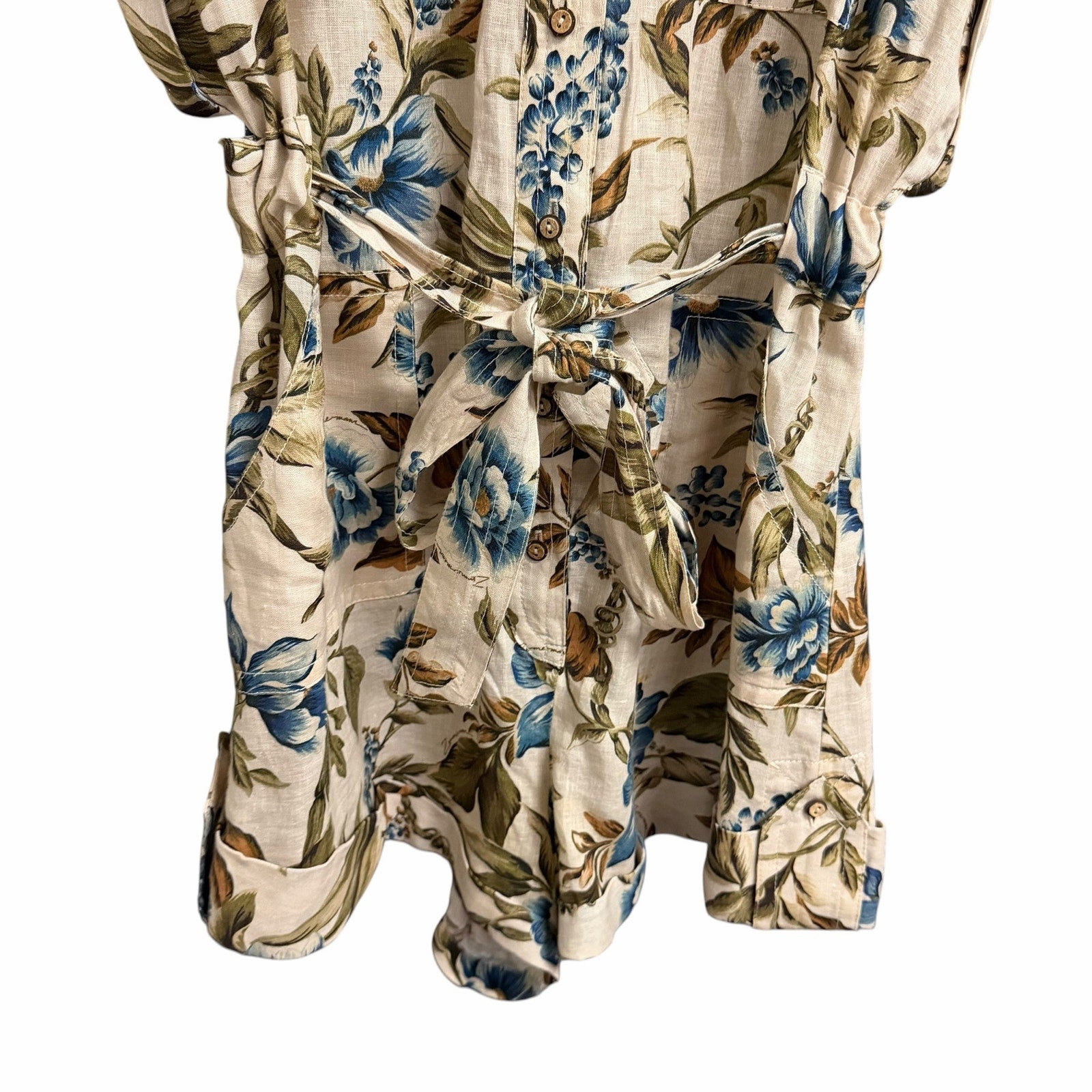 Zimmermann Aliane Roll Cuff Playsuit Khaki Floral Pure Linen Size AU 3 / US 10