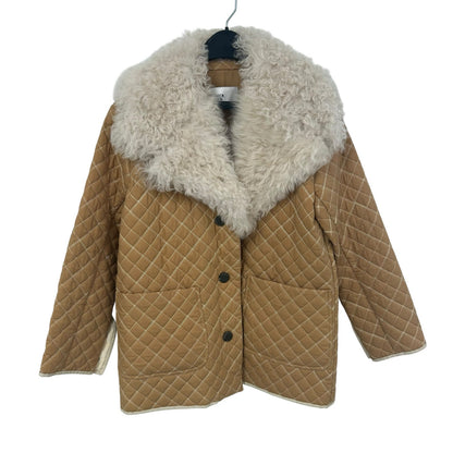 Becken Tan Cream Quilted Button Up Lamb Fur & Lamb Leather Coat Womens Small