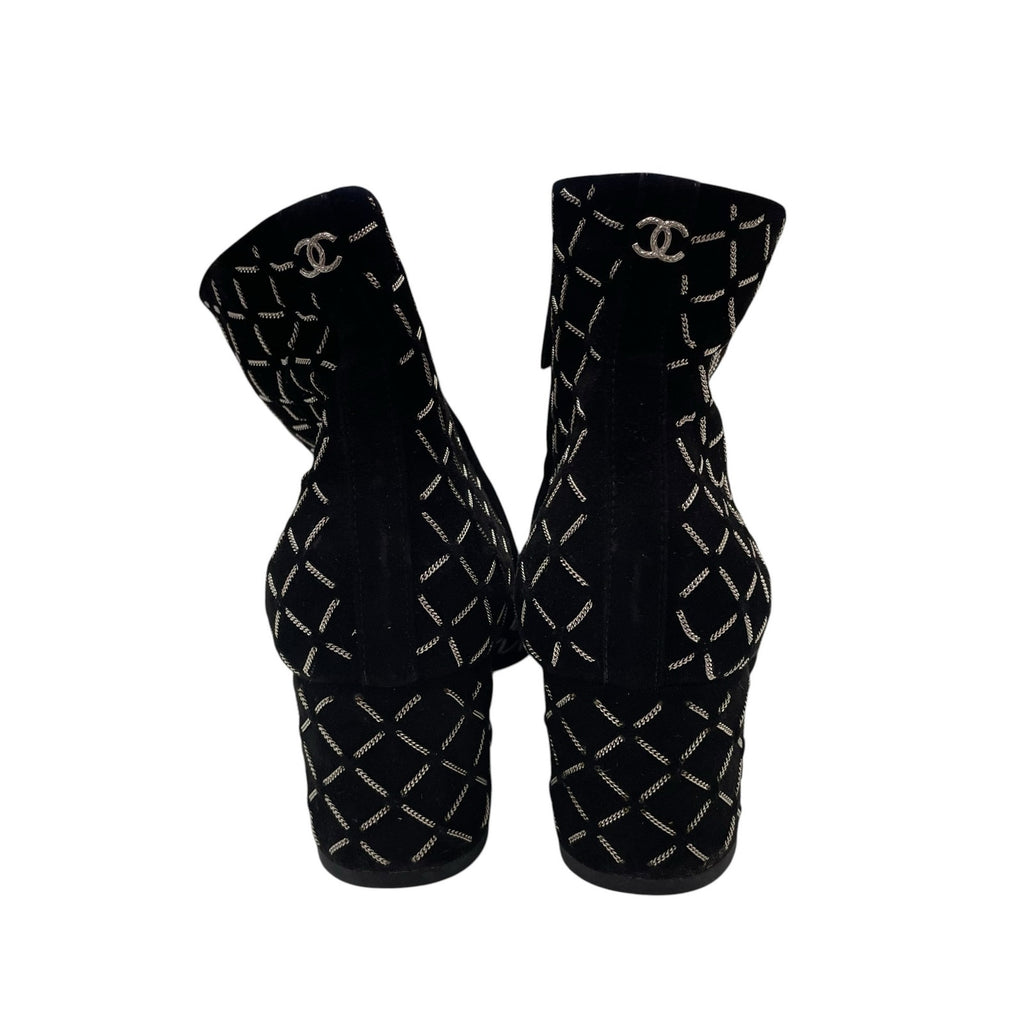 Chanel Black Suede Block Heel Chain Embellished CC Logo Short Boot Size 39 / 9