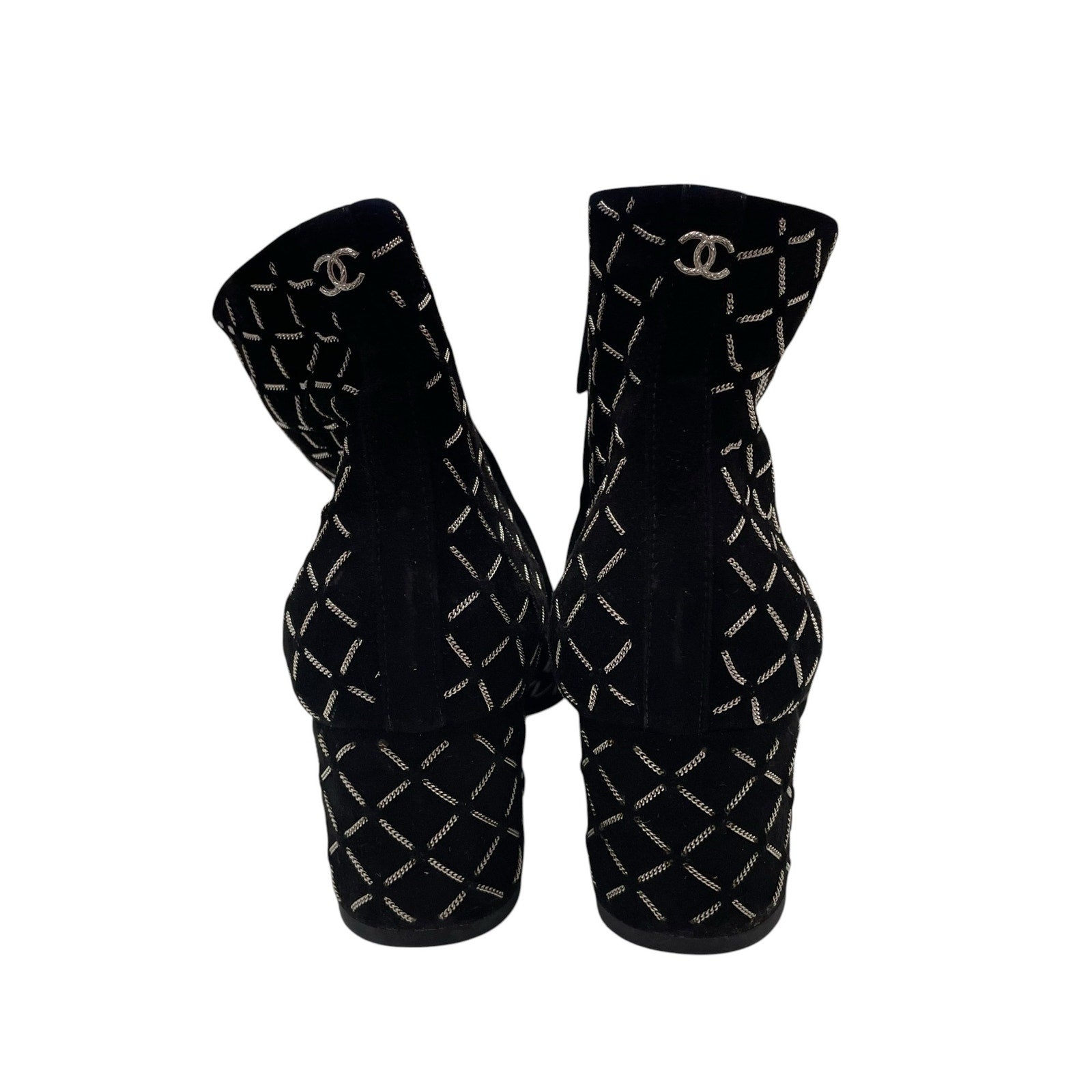Chanel Black Suede Block Heel Chain Embellished CC Logo Short Boot Size 39 / 9