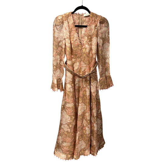 Zimmerman Floral Puffed-Sleeve Belted Midi Dress with Beaded Trim Womens 0 US 4