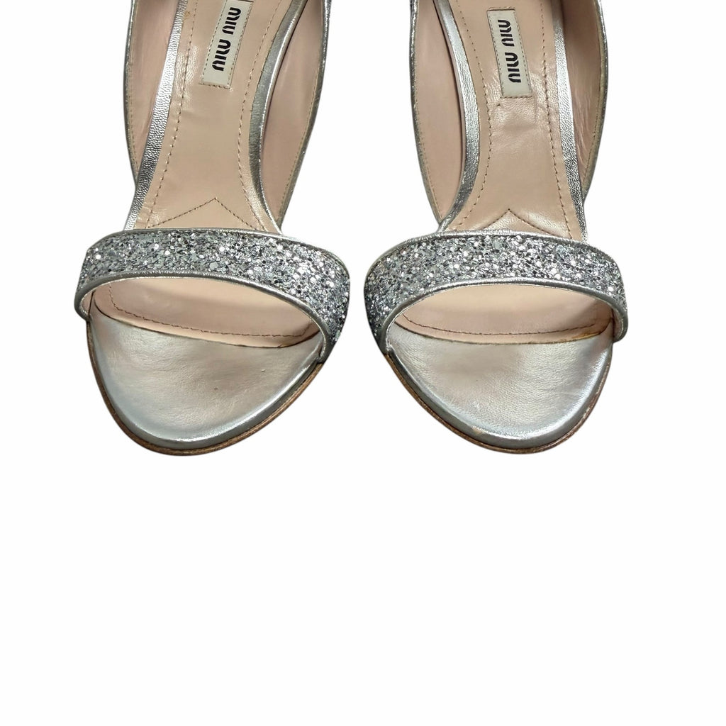 Miu Miu Swarovski Crystal Embellished Glitter Leather Sandals Size 39.5 / US 9.5