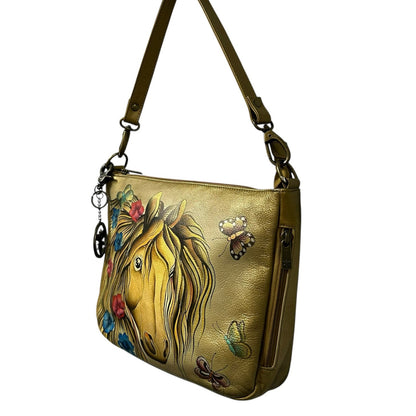 Anuschka Golden Horse Multicolor Butterflies Hand Painted Leather Shoulder Bag