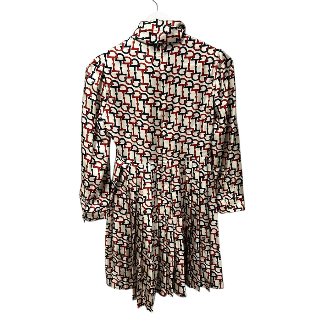 Gucci Cream Navy Orange Horsebit Print 100% Silk Pleated Mini Dress Womens XS/S?