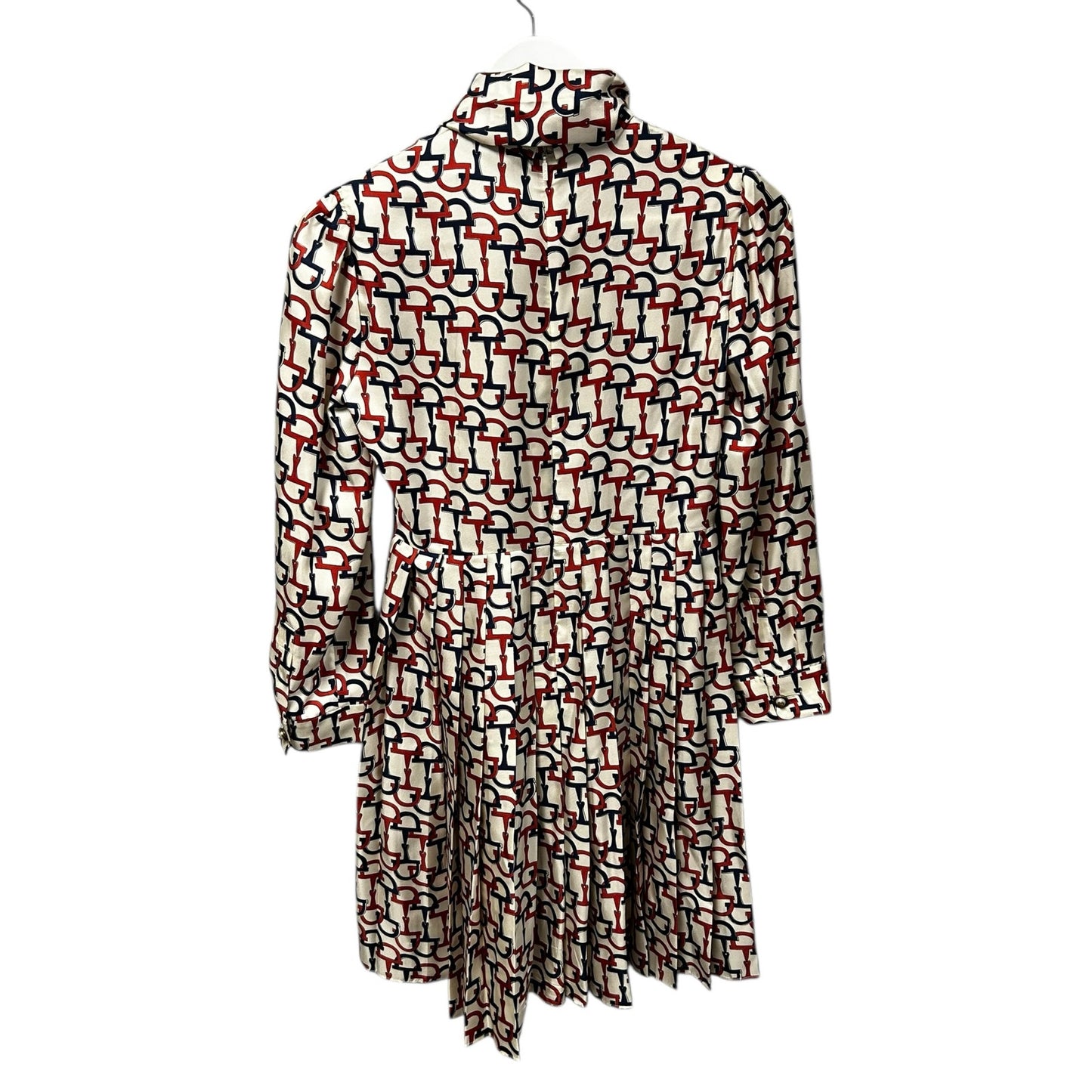 Gucci Cream Navy Orange Horsebit Print 100% Silk Pleated Mini Dress Womens XS/S?