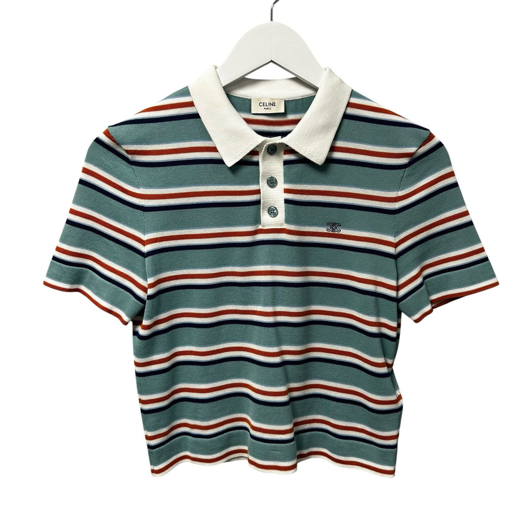 Celine Paris Sky Blue Striped Short Sleeve Cotton Polo Sweater Womens Small