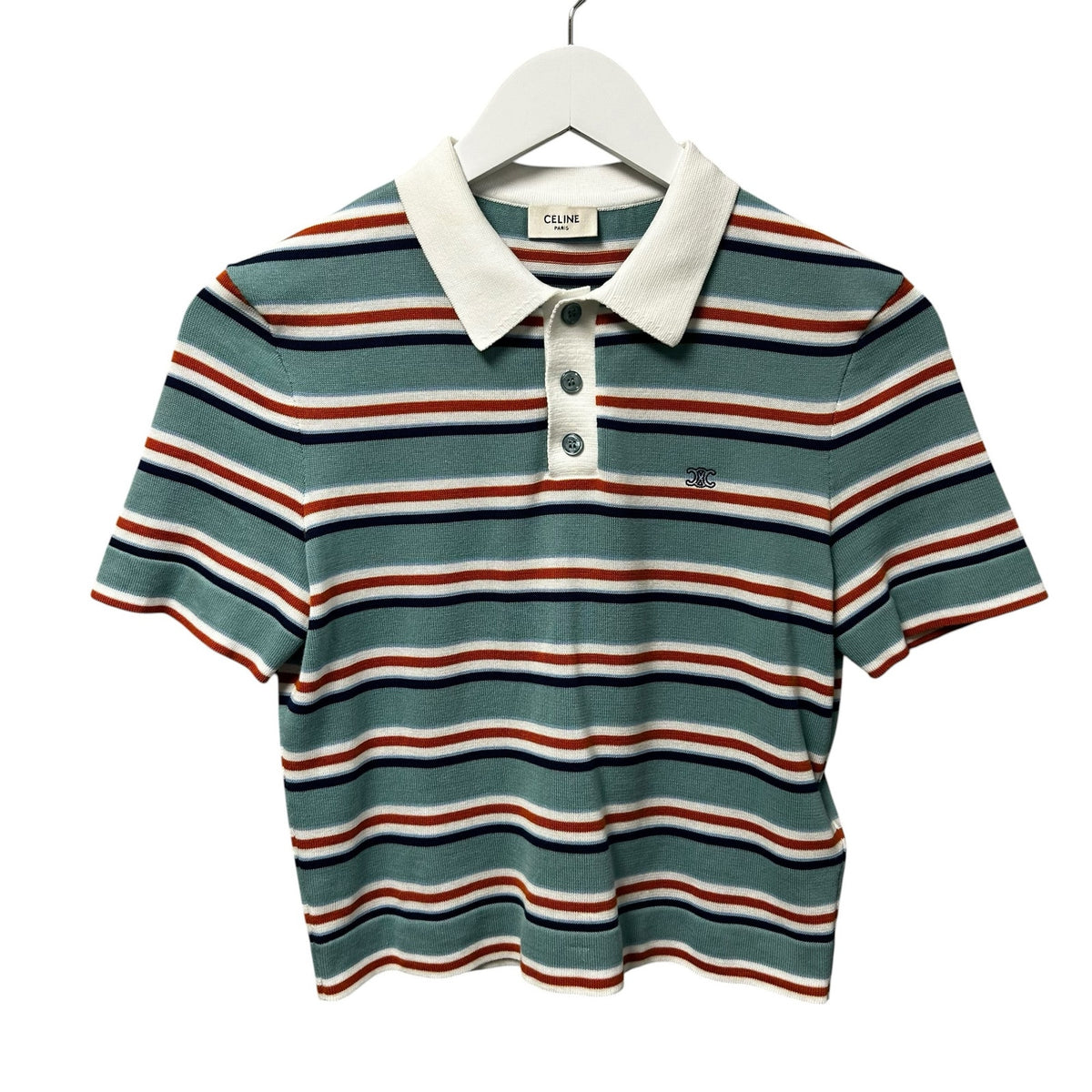 Celine Paris Sky Blue Striped Short Sleeve Cotton Polo Sweater Womens Small
