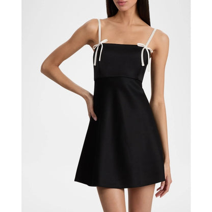 NWT Alice + Olivia Black White Morgan Babydoll Bow Detail Mini Dress Womens 4