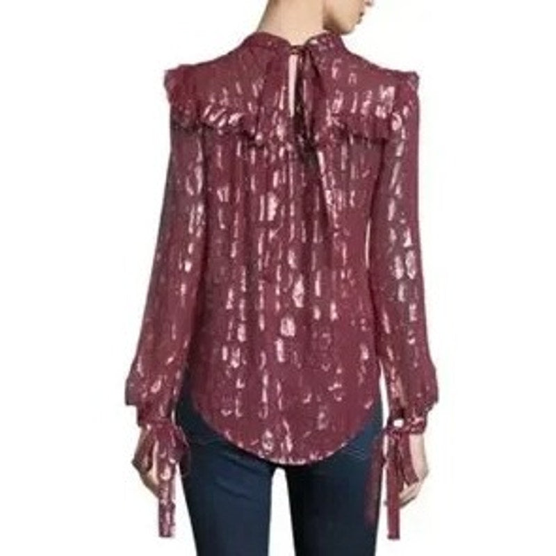 NWT Veronica Beard Red Silver Long Sleeve Mock Neck Brooks Blouse Womens 4