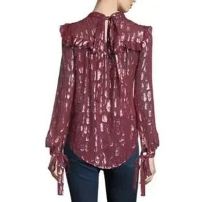 NWT Veronica Beard Red Silver Long Sleeve Mock Neck Brooks Blouse Womens 4