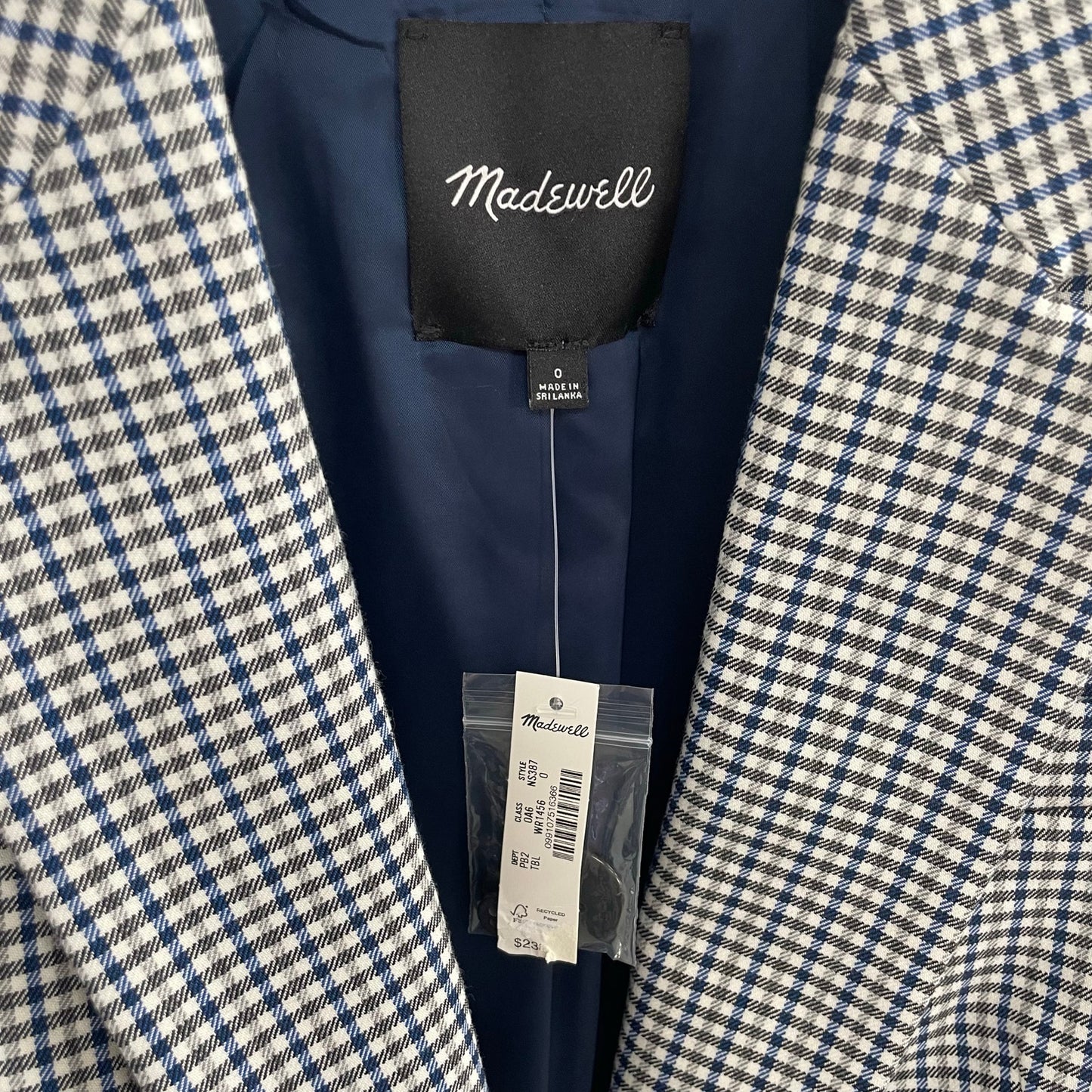 NWT Madewell The Kline Blazer Black Blue White Houndstooth Plaid Womens 0