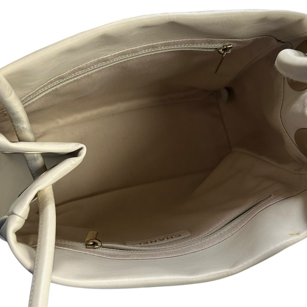 Chanel Beige Leather White Flower Camellia Double Handle Tote Shoulder Bag