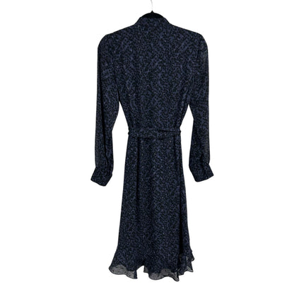 NWT Mikael Aghal Printed Metallic Fil Coupé Chiffon Midi Dress In Navy Womens 8