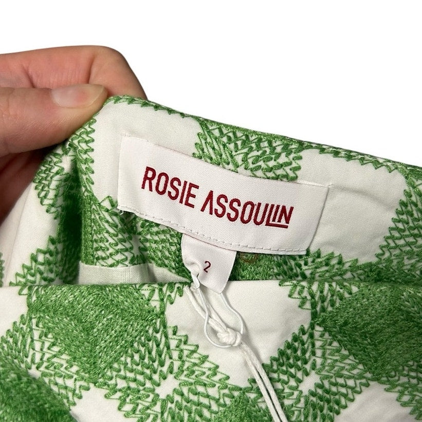 NWT Rosie Assoulin Green Picnic Embroiderd Gingham Drop Me a Note Dress Womens 2