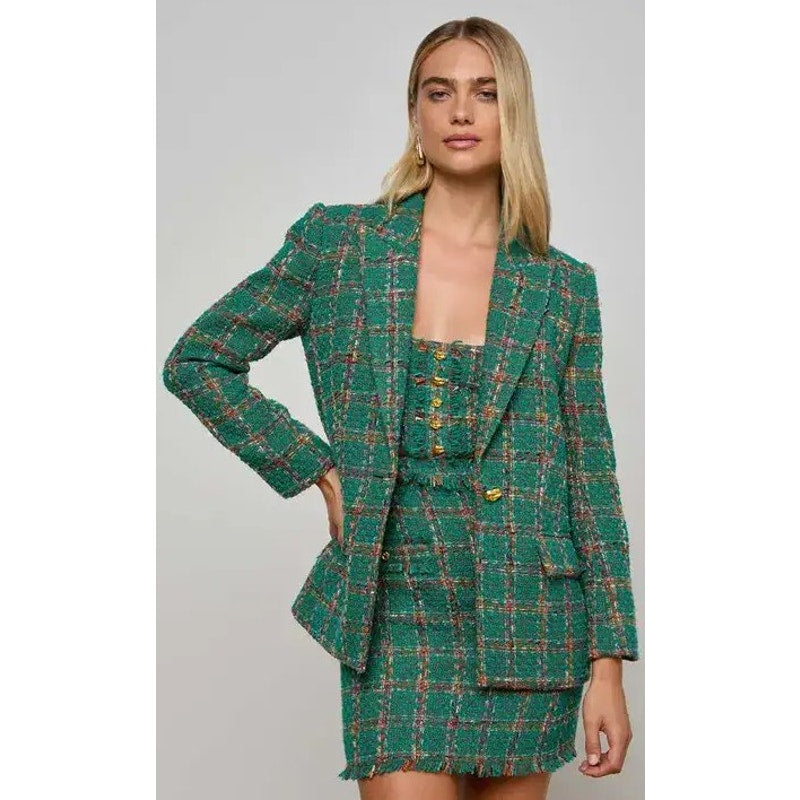 NWT L'Agence Gweny Relaxed Blazer Jacket Green Windowpane Tweed Womens 2
