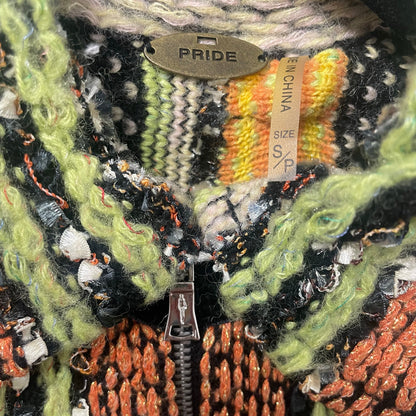 One Girl Who / Pride Wool Blend Metallic Knit Zip Up Cardigan Green Orange Small
