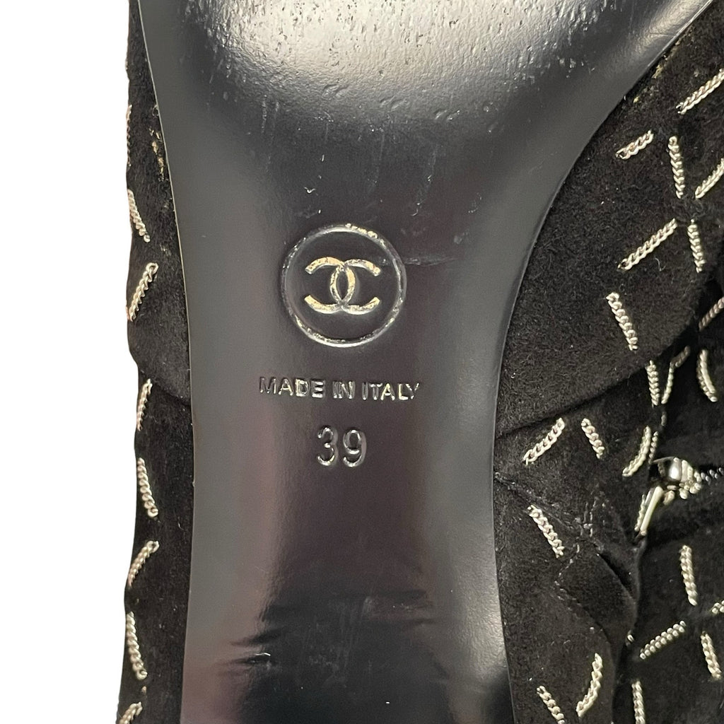 Chanel Black Suede Block Heel Chain Embellished CC Logo Short Boot Size 39 / 9