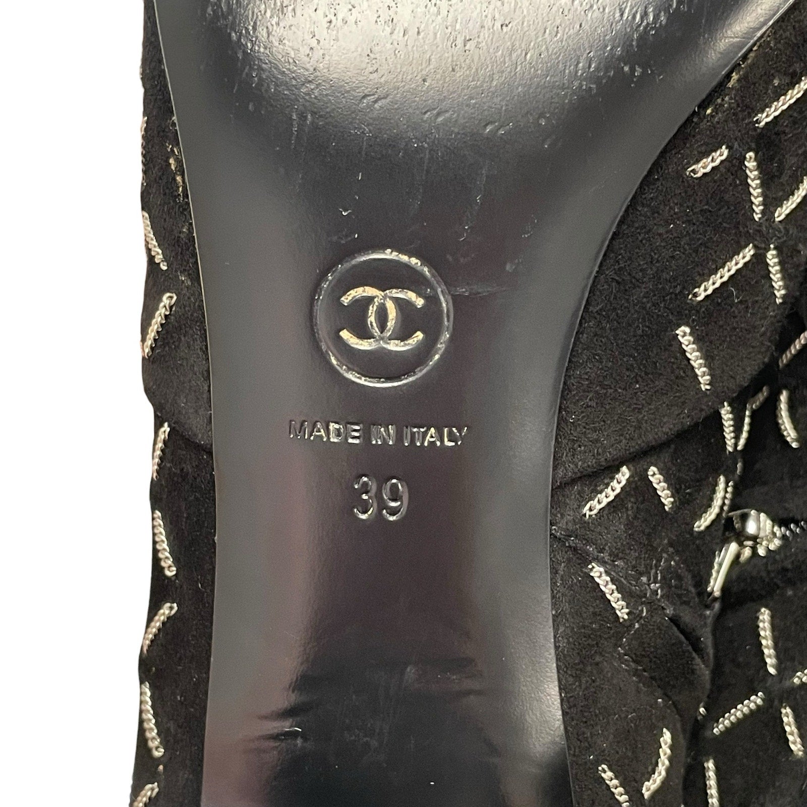 Chanel Black Suede Block Heel Chain Embellished CC Logo Short Boot Size 39 / 9