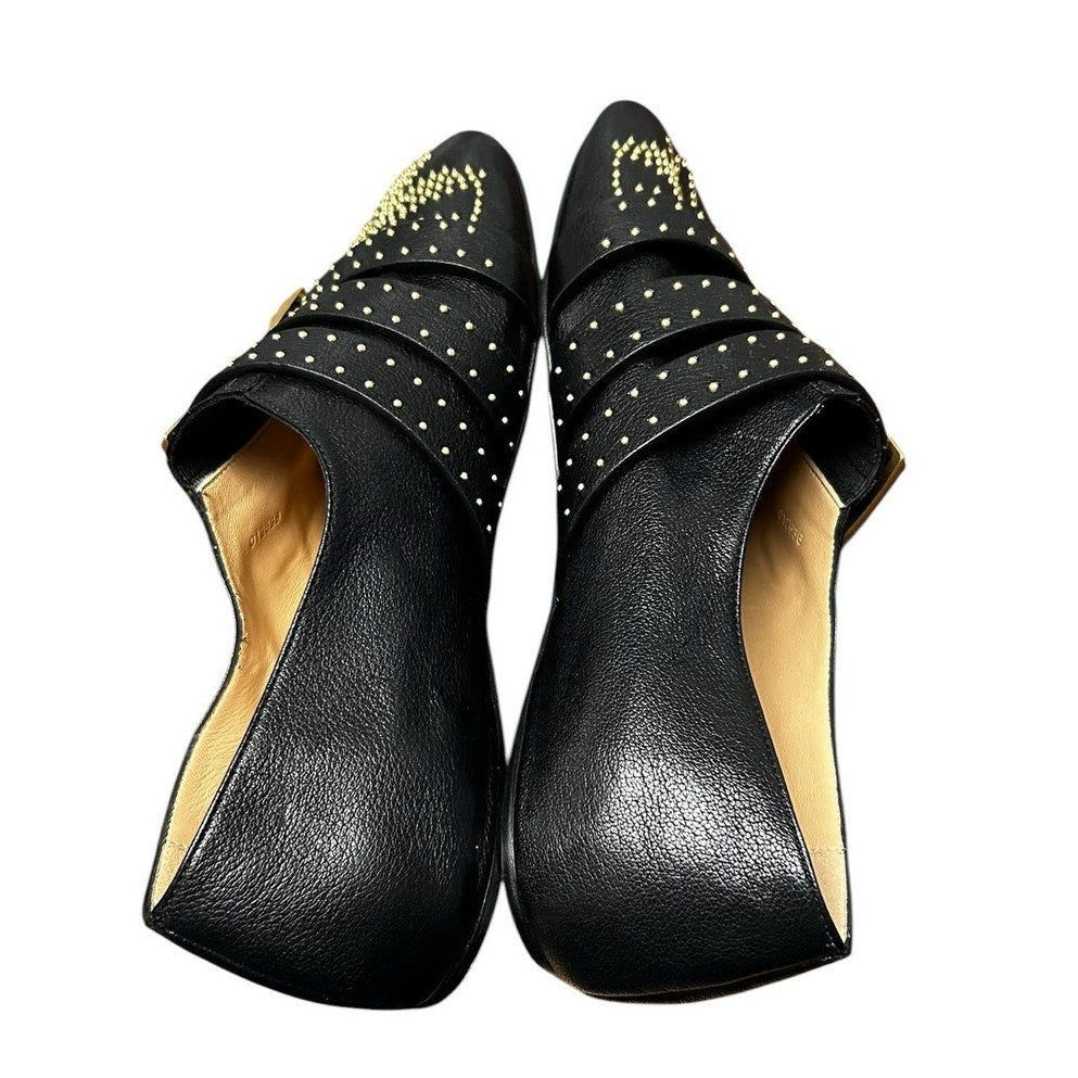 Chloe Susan Black Gold Studded Buckled Round Toe Leather Flats Womens 39 / US 9