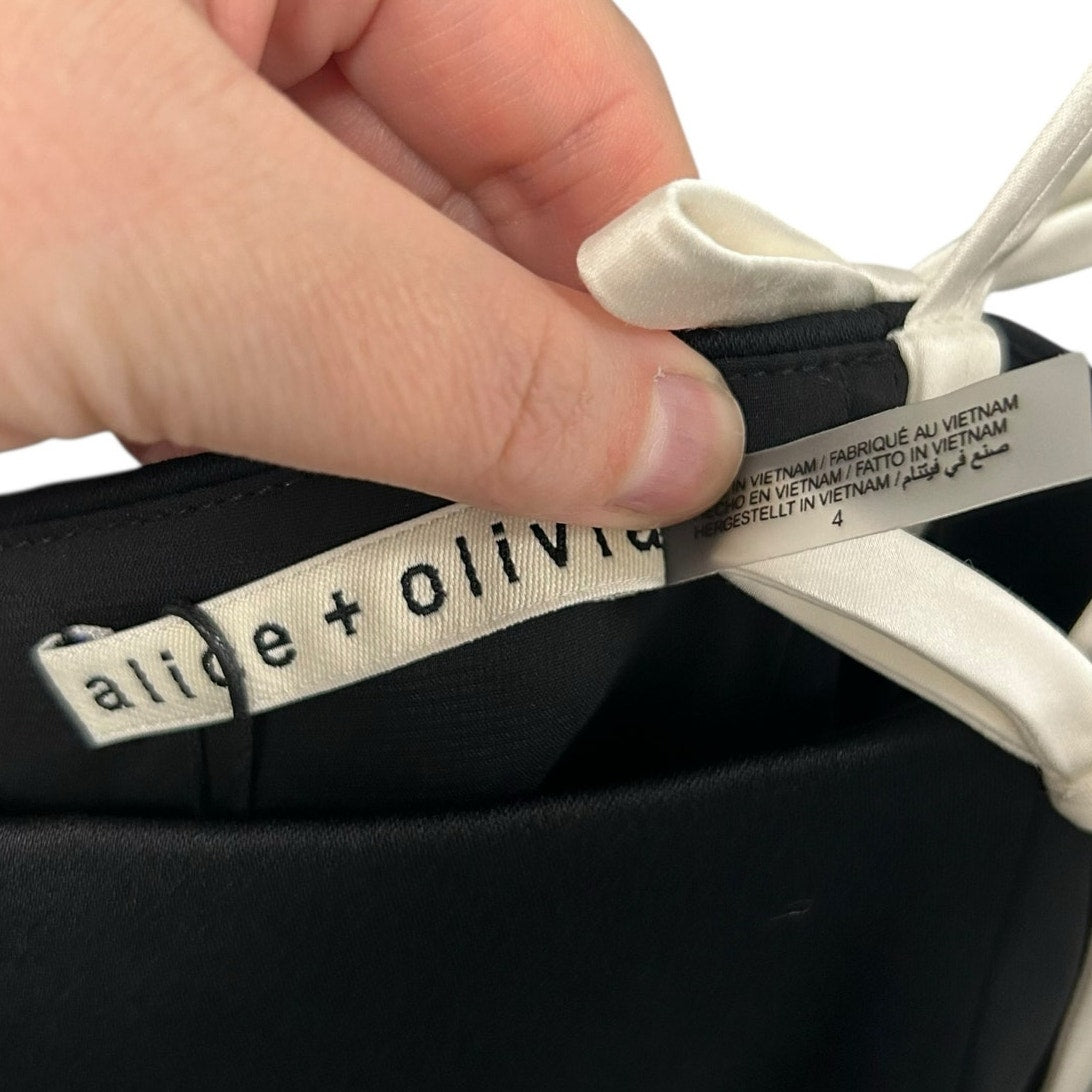 NWT Alice + Olivia Black White Morgan Babydoll Bow Detail Mini Dress Womens 4