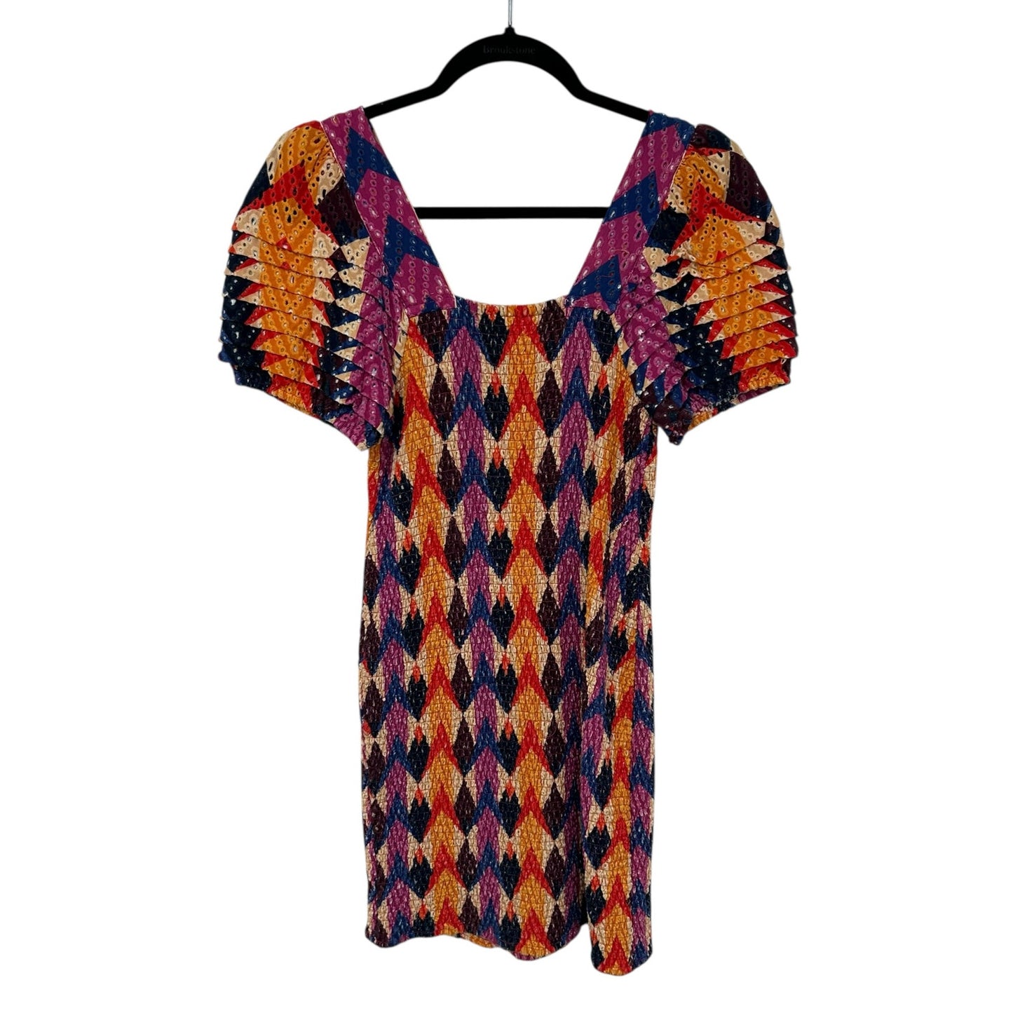 Farm Rio Lindeza Grafica Puff Sleeve Multi Smocked Mini Dress Womens Medium