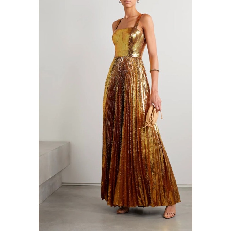 NWT SemSem Pleated Gold Sequin Embellished Sleeveless Tulle Gown Womens 4