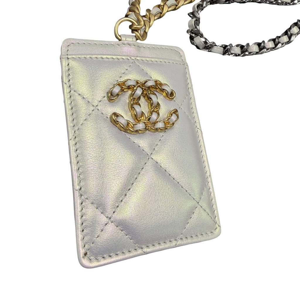 Chanel Quilted Iridescent Calfskin Card Holder On Chain White Luxury Designer