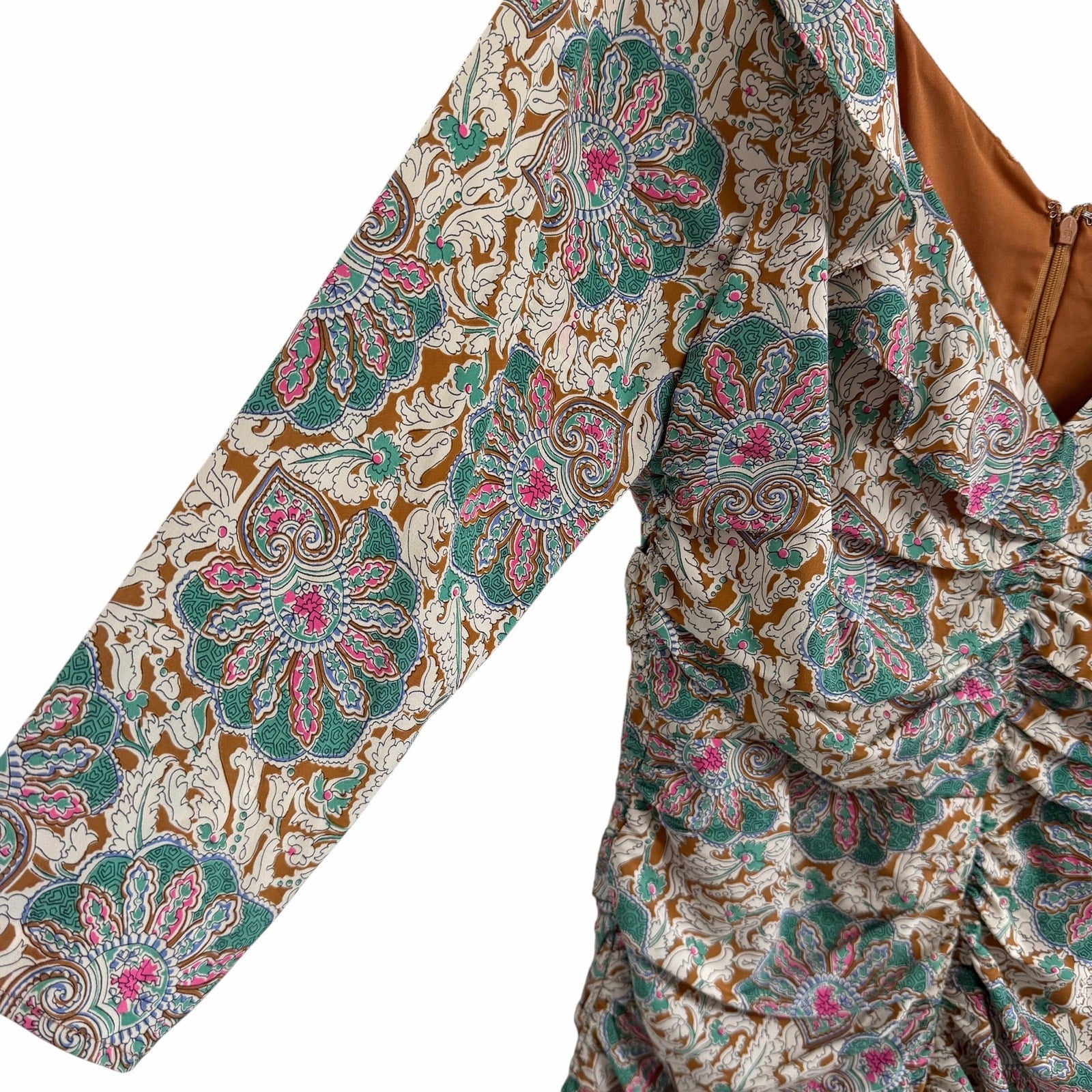Veronica Beard Lozano Ruched Printed Silk Blend Crepe Mini Dress Womens 12
