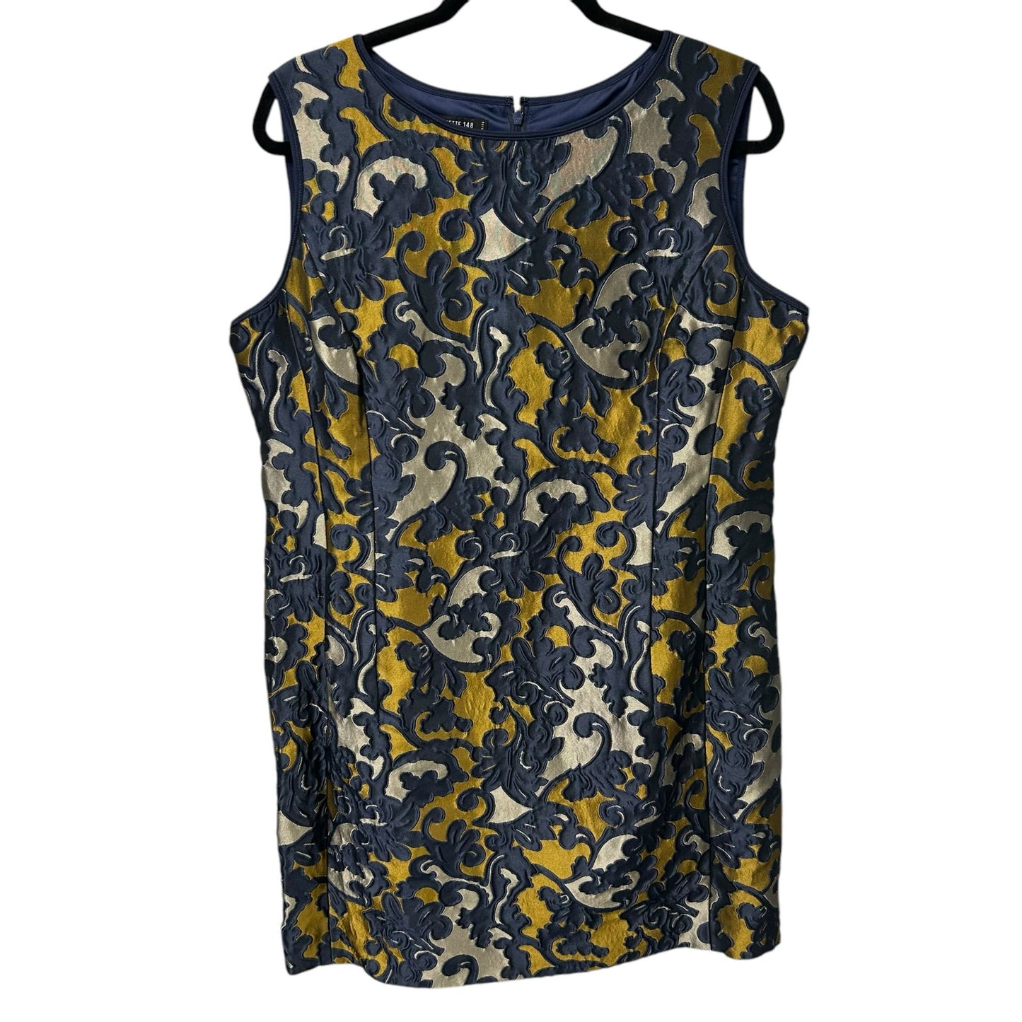 Lafayette 148 New York Navy Yellow Tan Floral Jacquard Shift Dress Womens 16