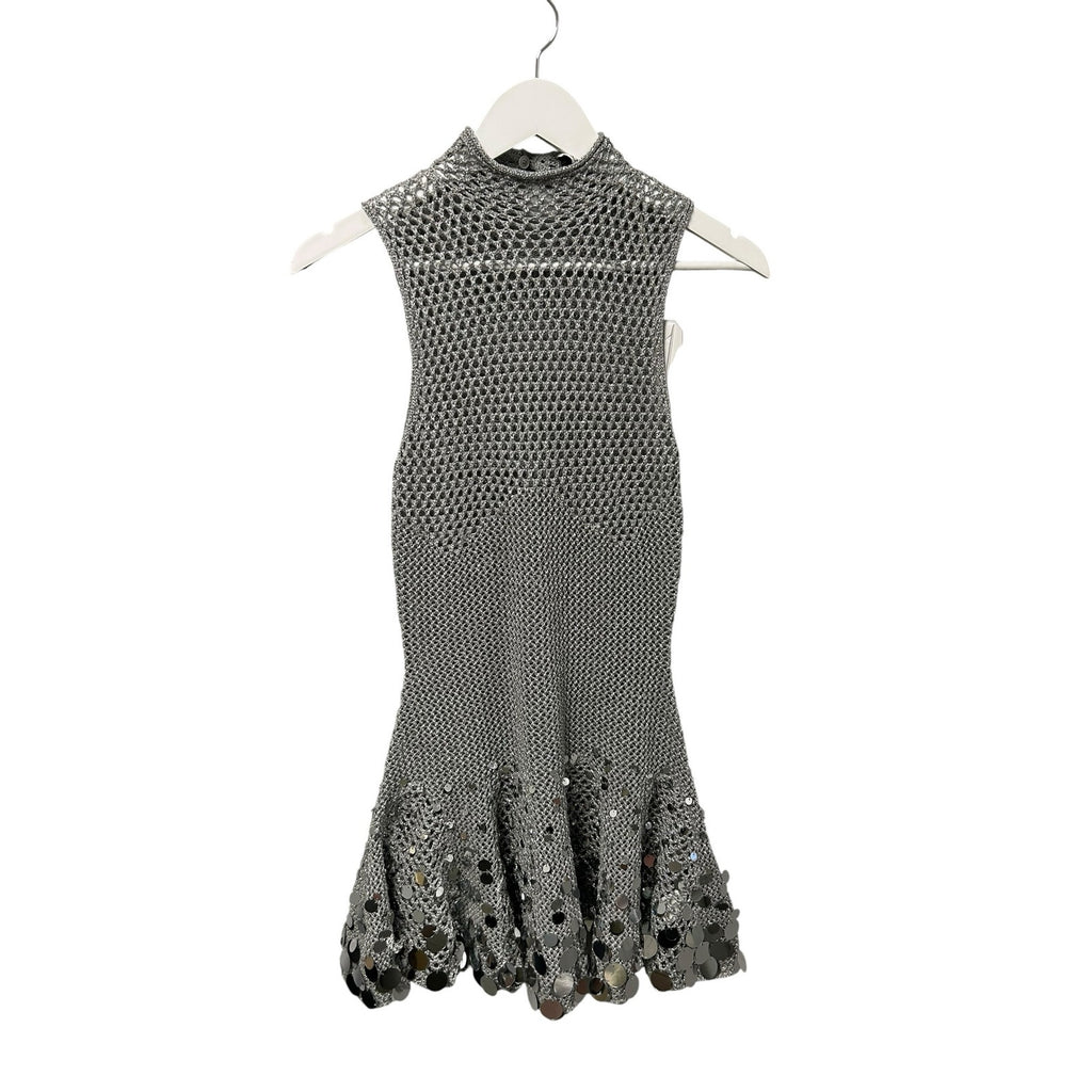 NWT Casablanca Silver Sequin Embellished Crochet Mirror Mini Dress Womens Small