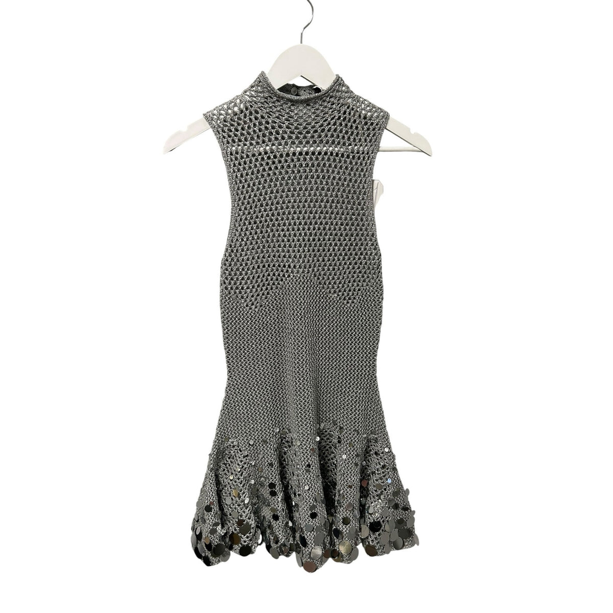 NWT Casablanca Silver Sequin Embellished Crochet Mirror Mini Dress Womens Small