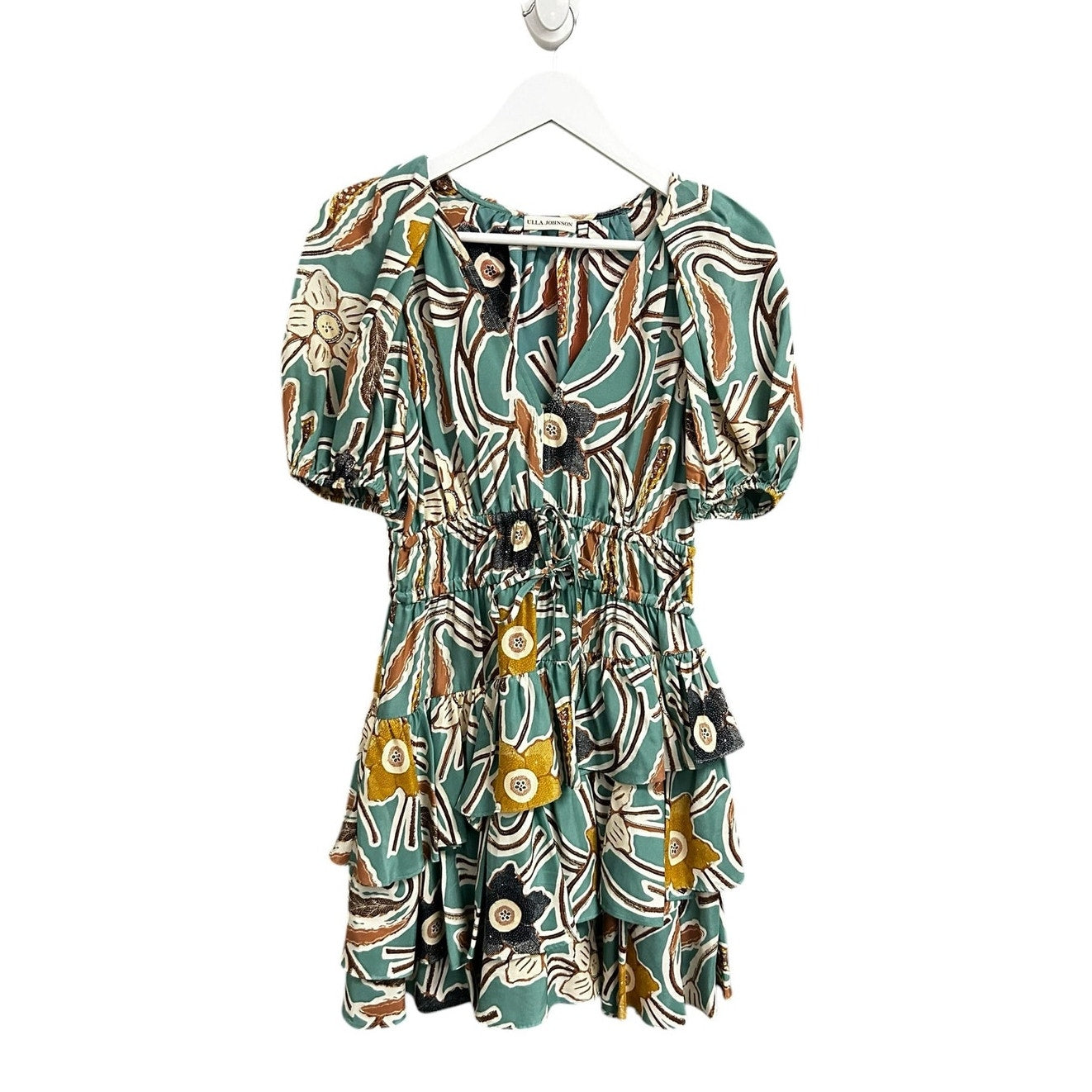 Ulla Johnson Farah Passion Flower Print Tiered Silk Tafetta Mini Dress Womens 2