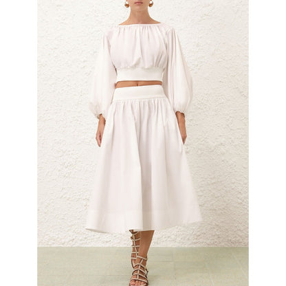 NWT Zimmermann Ivory Ribbed Mid Rise Cotton Gathered Poplin Midi Skirt Womens 4
