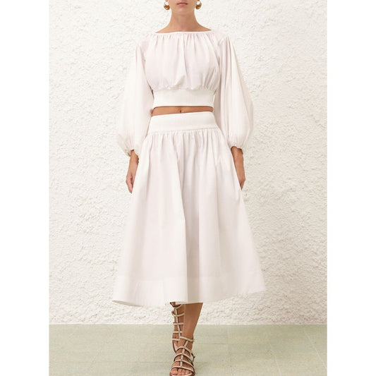 NWT Zimmermann Ivory Ribbed Mid Rise Cotton Gathered Poplin Midi Skirt Womens 4