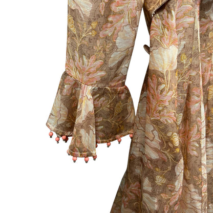 Zimmerman Floral Puffed-Sleeve Belted Midi Dress with Beaded Trim Womens 0 US 4