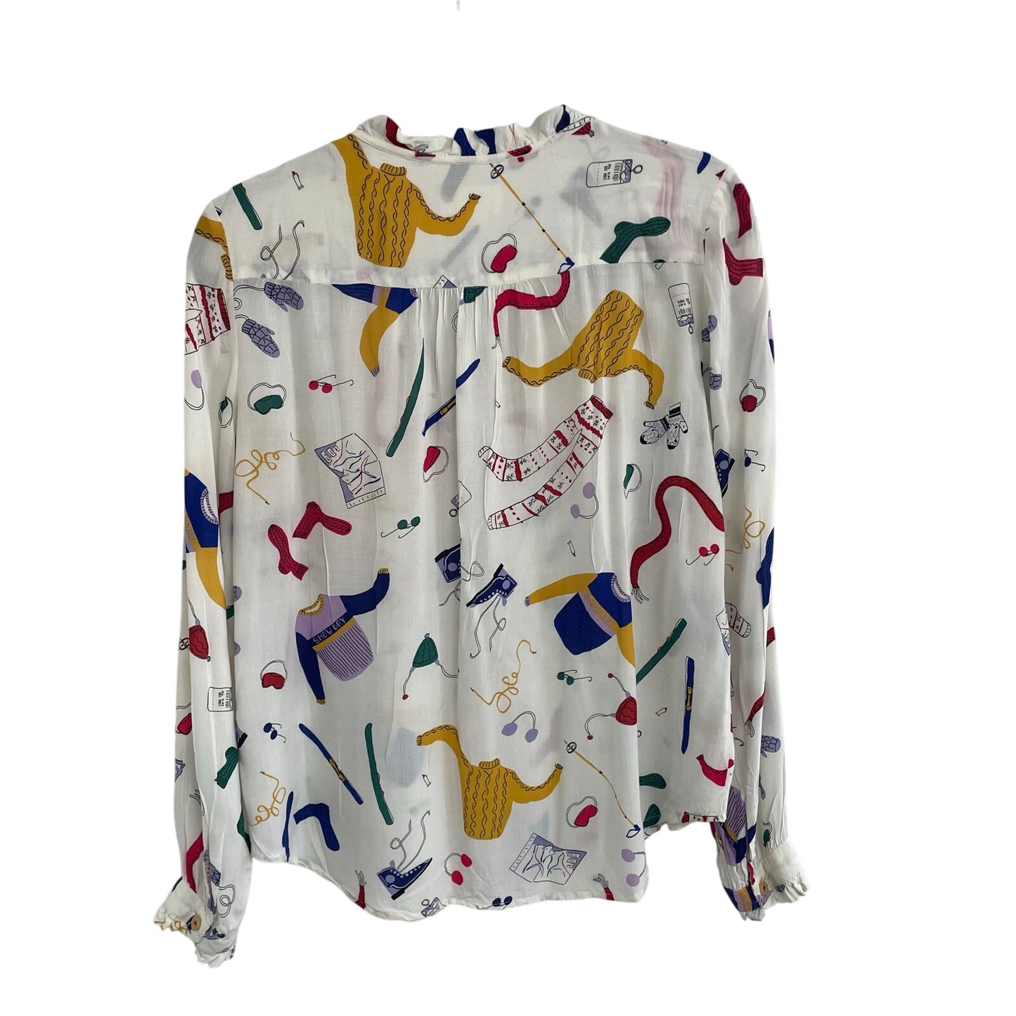 Anthropologie Maeve Snow Day Ski Winter Theme Print Button Up Top Womens Size 6