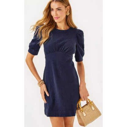 Lilly Pulitzer Kiely Puff Sleeve Jacquard Dress In True Navy Leafy Knit Large