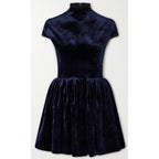 NWT Alaia Turtleneck Velvet Mini Dress Navy Womens FR 36 / US 4
