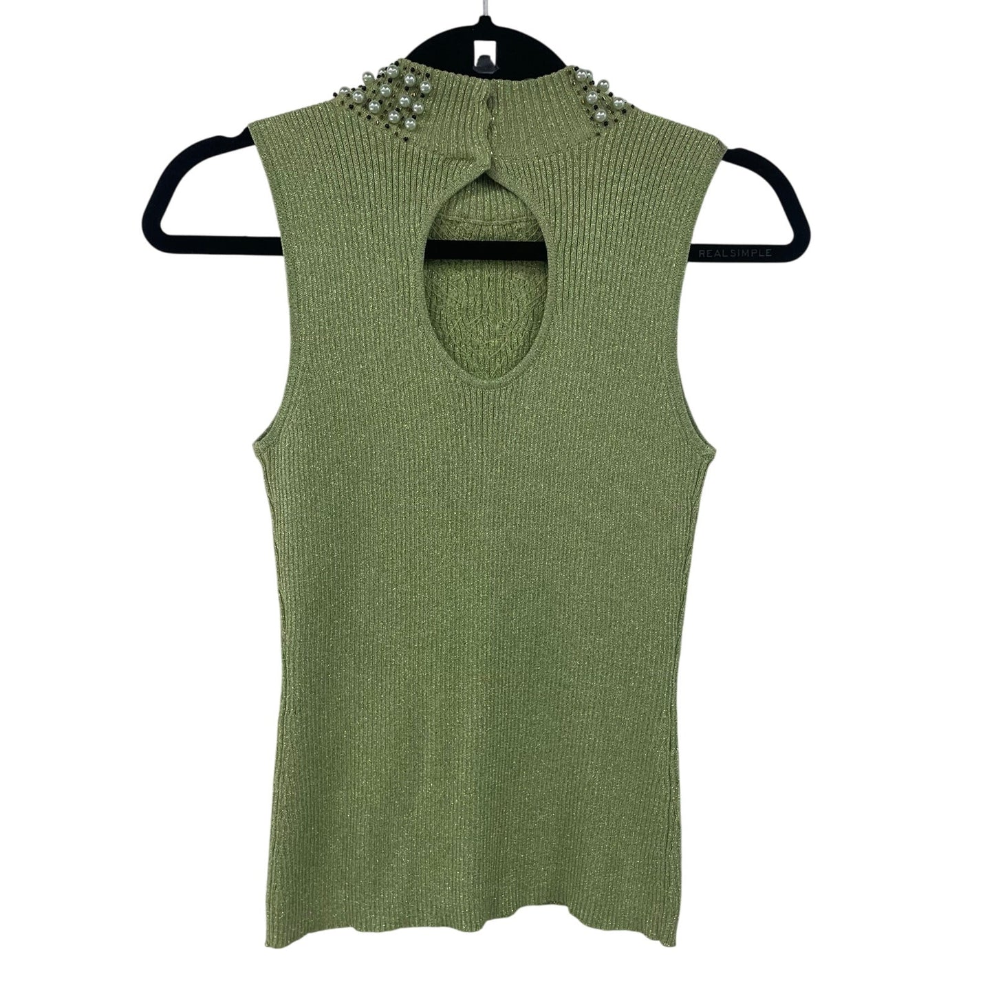 Vintage Christine Phillipe Metallic Knit Beaded Mock Neck Tank Top Green Small