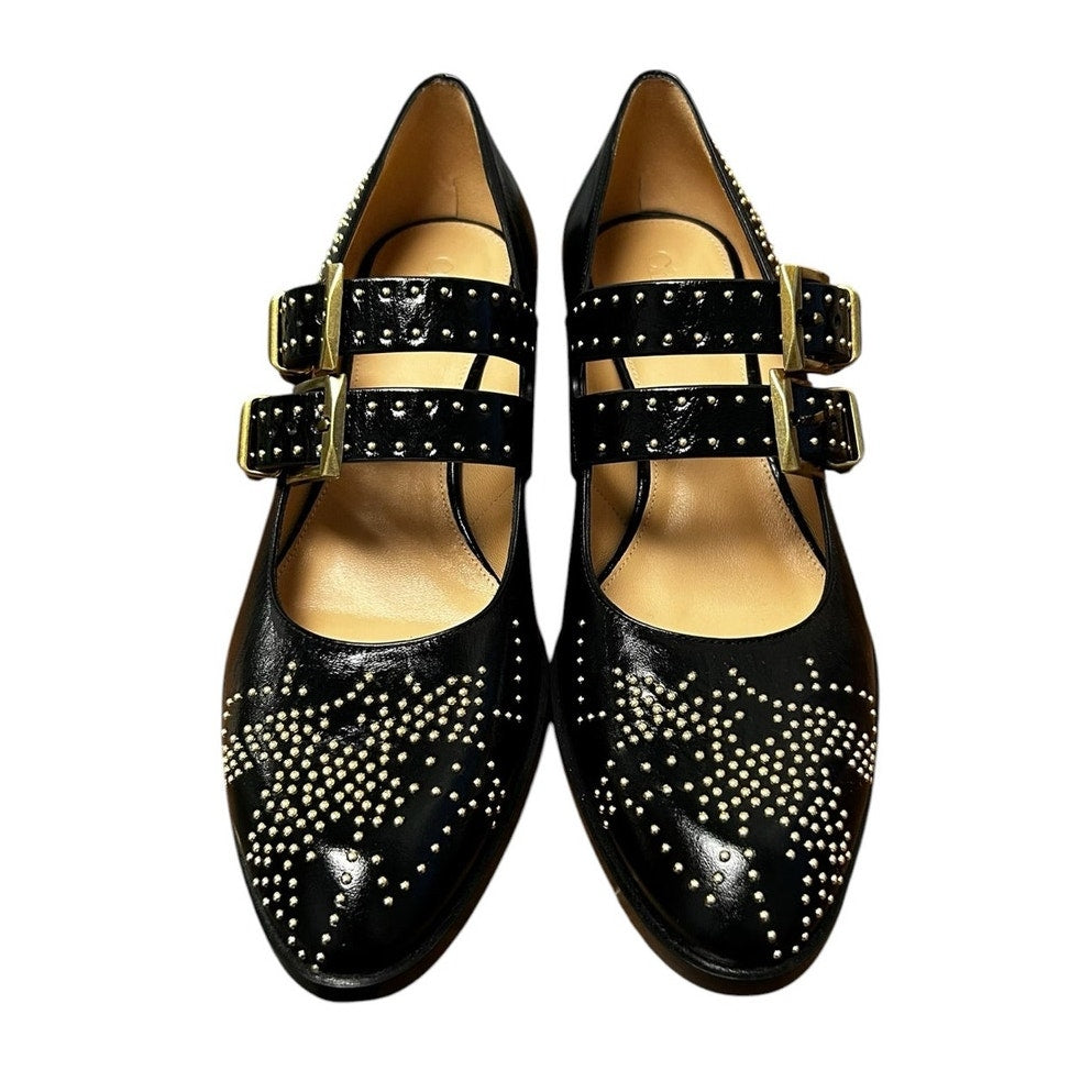 Chloe Susanna Black Gold Studded Buckle Strap Almond Toe Pumps Womens 39 / US 9