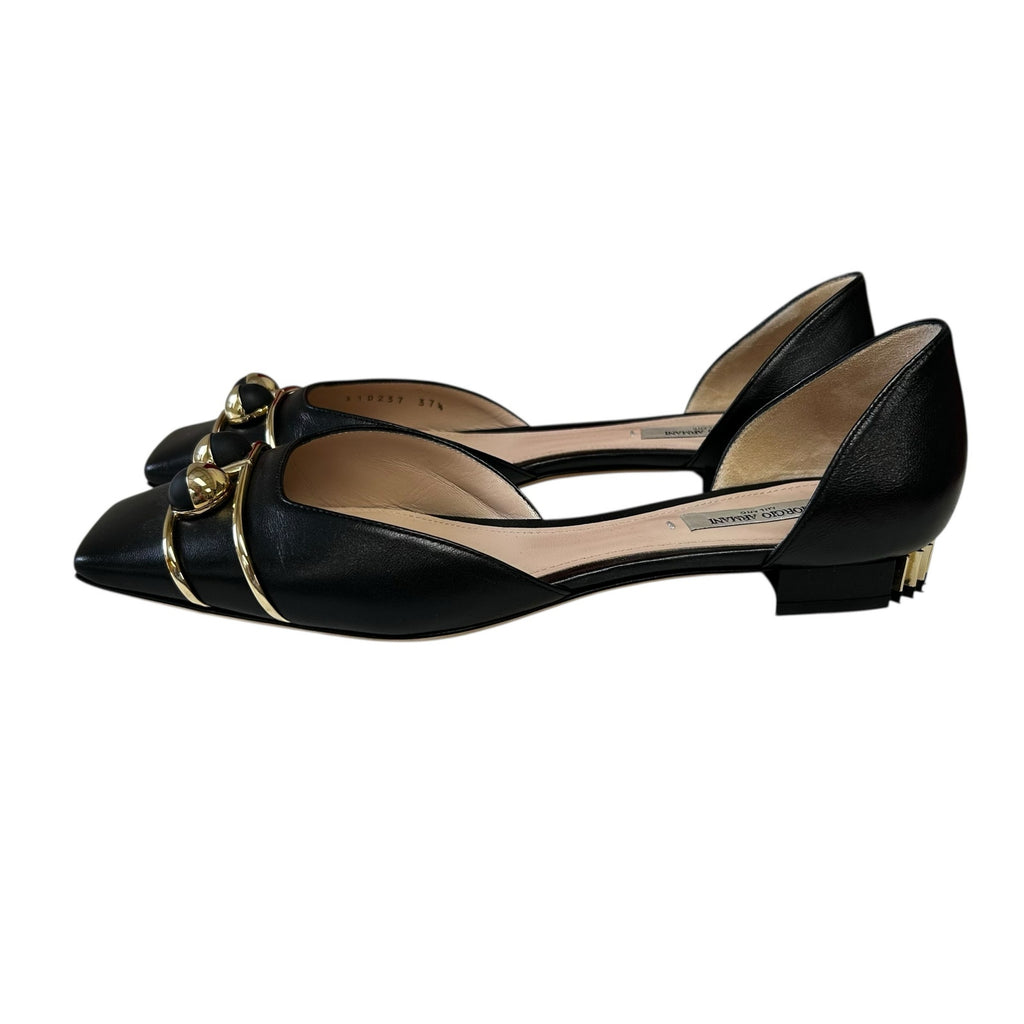 Giorgio Armani Black Leather Gold Hardware Square Toe Flats Womens 37.5 / US 7.5